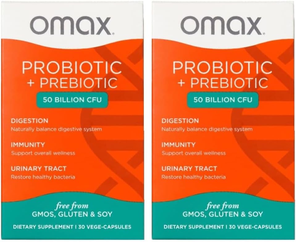 Omax3 Prebiyotik & Probiyotik 50 Milyar CFU + Chicory Inulin, 10 Strain, Bloating, Digestion, SIBO, Leaky Gut, Vaginal pH, Acidofilius, Vegan, Dairy Free, Gluten Free, Fırd (2 Pack)