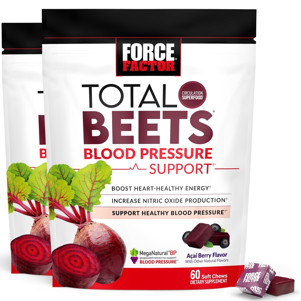 Force Factor Total Beets Blood Pressure Support Supplement with Beets Powder, Great-Tasting Chewables for Heart-Healthy Energy, and Inclusive Nitric Oxide, 120 Chews, 2-Pack