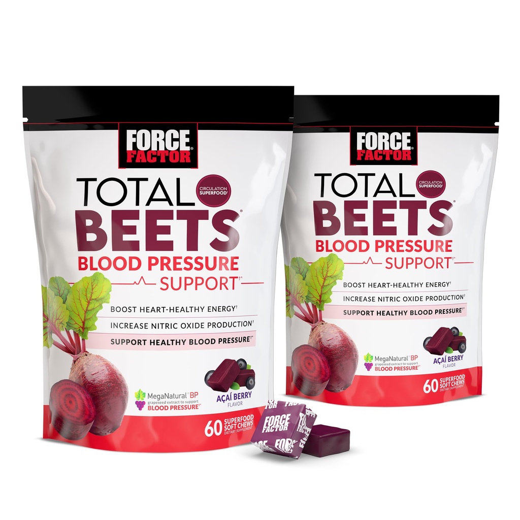 Force Factor Total Beets Blood Pressure Support Supplement with Beets Powder, Great-Tasting Chewables for Heart-Healthy Energy, and Inclusive Nitric Oxide, 120 Chews, 2-Pack