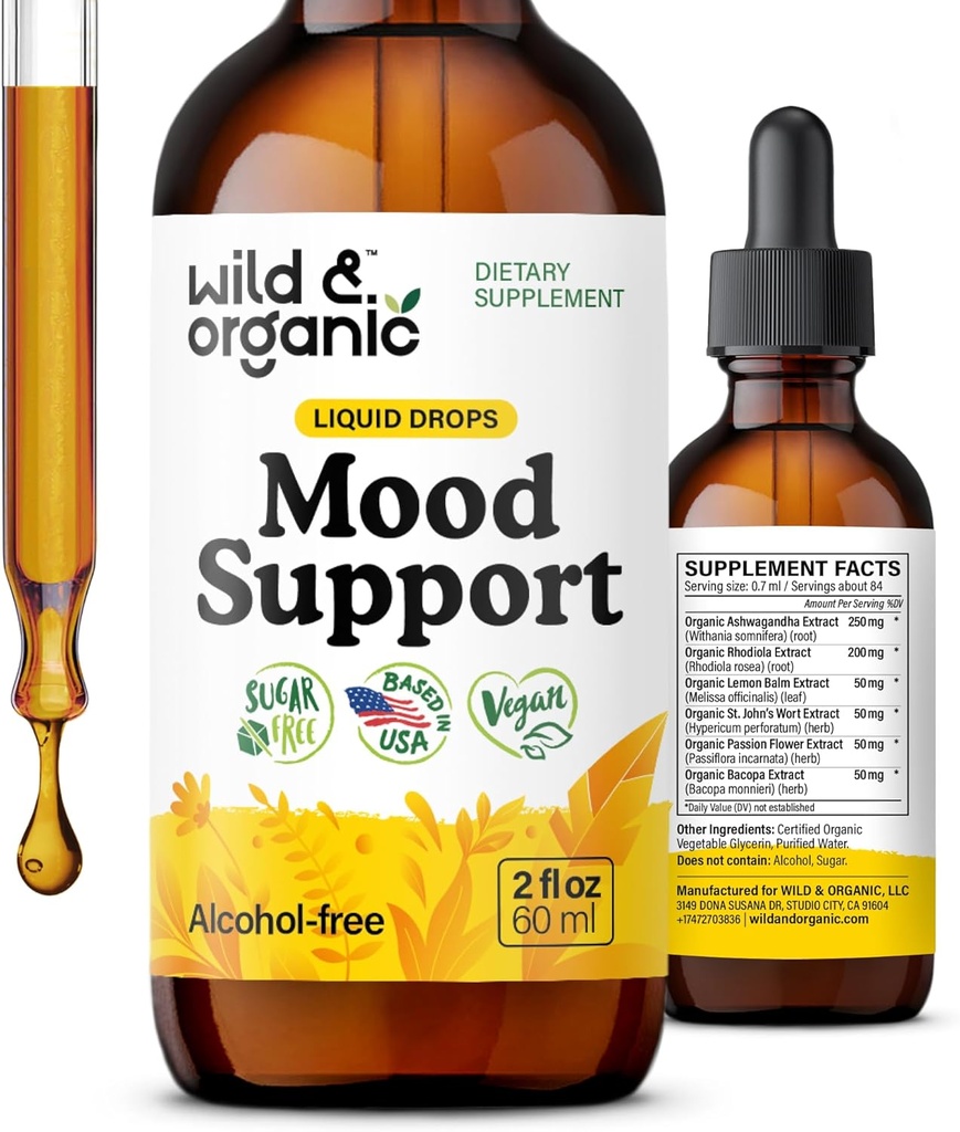 Wild & Organic Mood Support Drops - Good Mood Supplements w/Ashwagandha Root & Rhodiola Rosea - Natural Liquid Drops for Pozitif Enerji - Calm and Relax Supplements for Women and Men - 2 ozz