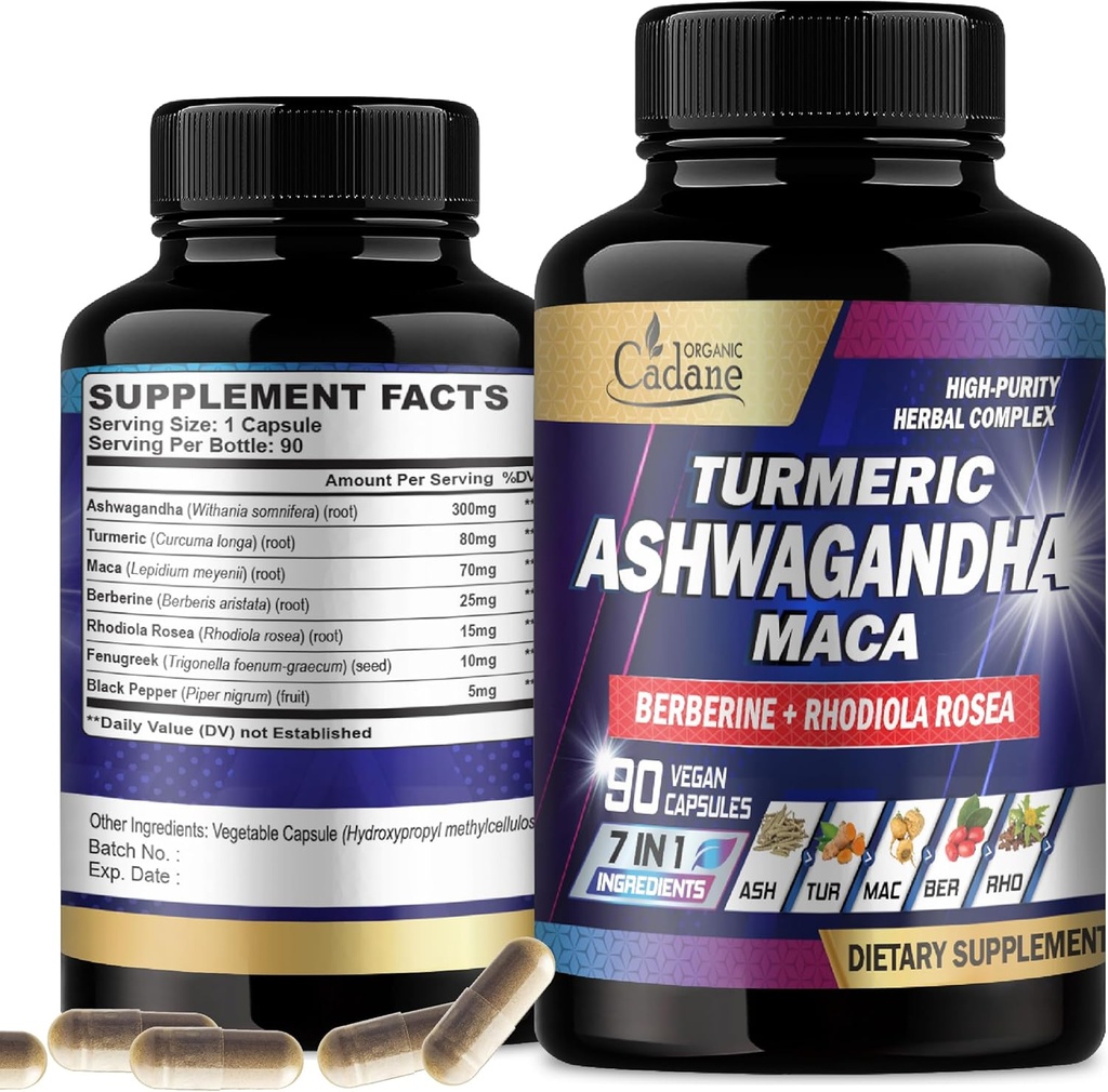 Organik Cadane Ashwagandha Supplements - Memory, Immune System & Strength Support - 7in1 Turmeric, Maca Root, Berberine & More - 3Month Supply için 90 Vegan Capsules