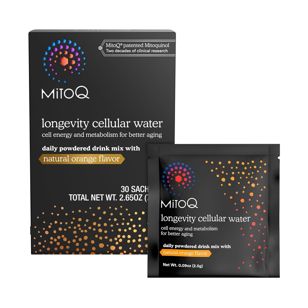 MitoQ Longevity Cellular Water Daily Tozed Drink Mix Natural Orange Flavor - Mitochondria-targeted Antioksi - Hücre Enerji ve Metabolism Daha İyi Ağlama (Orange, 30 Packets)