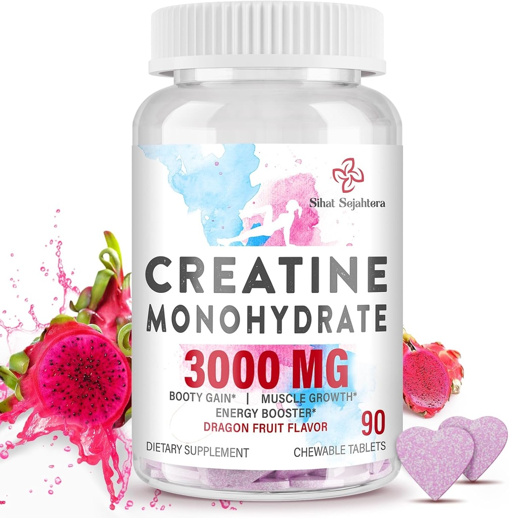 3000 MG Creatine Monohydrate για γυναίκες & άνδρες, Χάπια Κρεατίνης με BCAA & Υδρολυμένο Κολλαγόνο Μασάει Δισκία για Απόδοση & Ανάκτηση, Δύναμη, Δράκος Φρούτα Γεύση, 90 Δισκία
