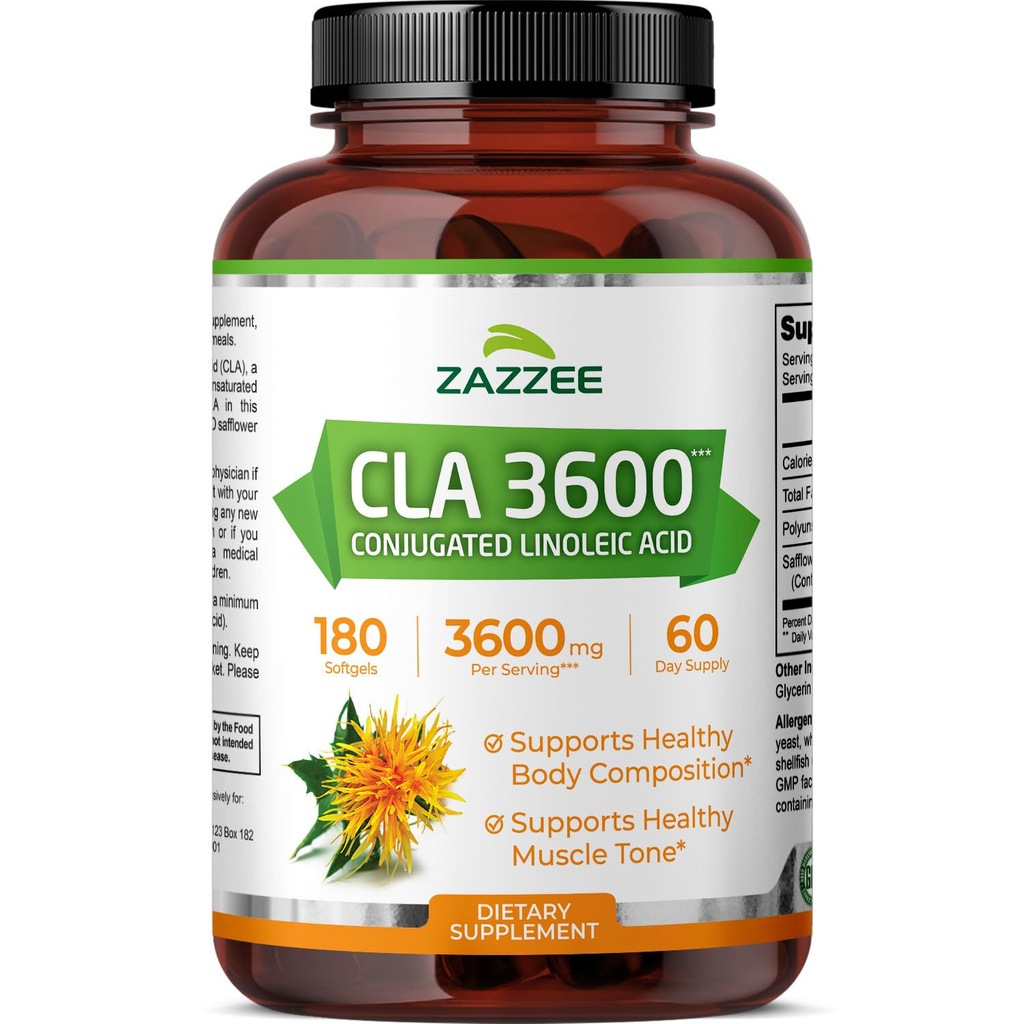 Zazzee High Potency CLA 3600, 180 Softgels, 3600 mg per Service, Conjugated Linoleic Acid from Safflower Oil, Interd and Standardized, 60 Day Supply, Non-GMO and Made in the USA