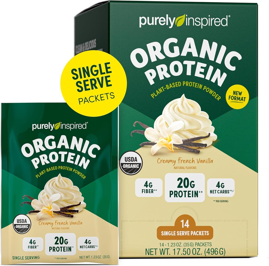 Purely Inspired Organic protein Toz, 14 Single Serve Packets, Creamy Vanilla - 20g of Plant-Based Protein Toz for Smoothies & Shakes - Dairy-Free, Non-GMO - for Men & Women