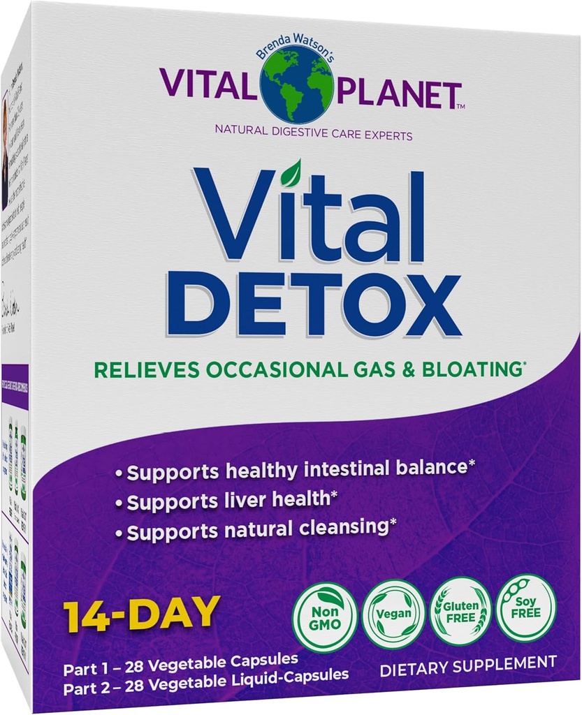Vital Planet – Vital Detox with Milk Thistle, Quercetin, Alfa Lipoic Acid, Choline, and Herbs, for Occasional Gas and Bloating, Supports Health Intestinal Balance, 2Part 14 Day Kit, 56 Capsules