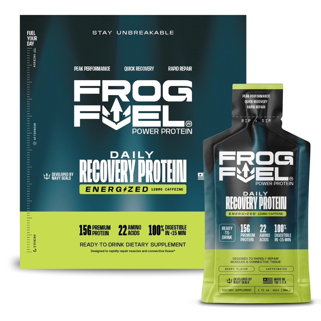Frog Fuel Power Energized protein Shot, 15g protein Nano-Hydrolyz Grassed Fed Collagen, 120 mg Caffeine, Fat & Sugar Free, 22 Amino Asits, 0 Carbs, Berry, 1 oz Packets, 24 Pack