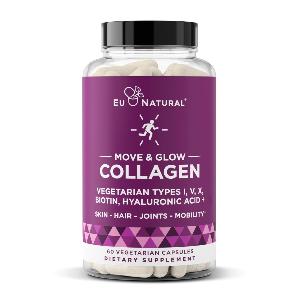 Move & Glow Collagen Pills for Women & Men - Vegetarian Multi-Collagen (Type I-V-X) 9 Plant bazlı Superfoods for Skin Health & Ortak Destek - Biotin, C vitamini, Vitamin E, 60 Vegetarian Capsules