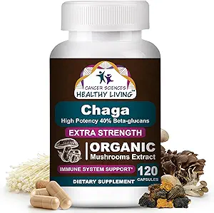 Cancer Sciences Chaga Wellness Mushrooms Supplement, USDA Certified Organic Mushroom Extra Strength 1.500 mg, Υψηλή ισχύς 40% Beta-Glucans, Immune Support, Gut Health, Antioxidant, 120 Caps