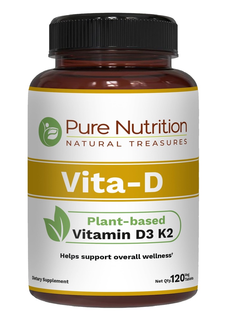Saf Beslenme Vita D3 K2 - Bitki bazlı Vitamin D3 K2 Supplement | 120 Tabs | D3 6000 IU | Vitamin K2 MK7 100mcg | Vitamin K2 D3 | Non GMO |