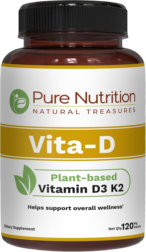 Saf Beslenme Vita D3 K2 - Bitki bazlı Vitamin D3 K2 Supplement | 120 Tabs | D3 6000 IU | Vitamin K2 MK7 100mcg | Vitamin K2 D3 | Non GMO |