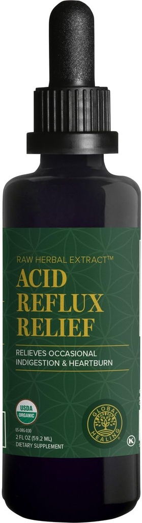 Global Healing Acid Reflux Relief Organic Liquid Supplement W/Slippery Elm - Helps Upset Stomach, Heartburn, Indigestion - Supports Body's Defense Against Digestive Issues - 2 Fl oz oz
