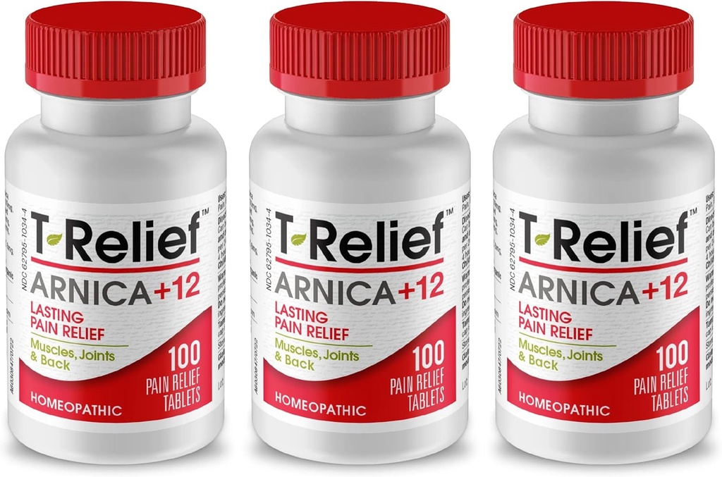 T-Relief Arnica + 12 Geri Ağrı Ortak Soreness Kas Aches & Stiffness için Doğal Relieving Actives for Back Pain Common Soreness Muscle Aches & Stiffness, Whole Body Fast Acting Relief for Women & Men - 100 Tabletler (3 Paket)