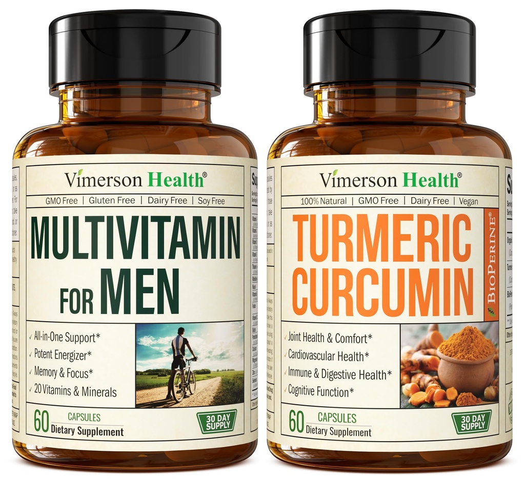 Vimerson Health Men's Multivitamin + Turmeric Curcumin με Black Pepper Extract Bundle. Κοινή και ανοσοποιητική υποστήριξη, ανακούφιση δυσφορίας, αντιοξειδωτικές ιδιότητες για τον