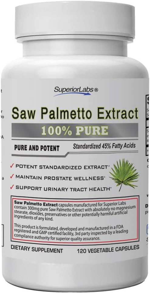 Superior Labs — Saw Palmetto Extract NonGMO, Non Synthetic— 300 mg Δοσολογία, 120 κάψουλες λαχανικών — Υποστηρίζει ροή & συχνότητα ούρων