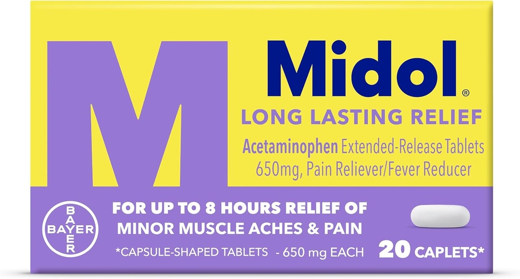 Midol Long Lasting Relief 20ct: Midol Long Lasting Relief, Menstrual Symptom Reliever & Ateş Çözümleri, Menstrual Pain Relief için Taktaminophen ile Caplets - 20 Count (Pazarlama)
