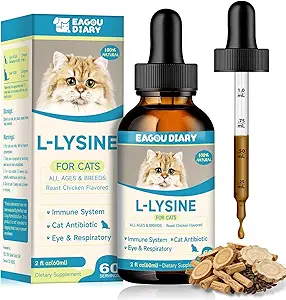 L-Lysine για γάτες,Lysine Drops συμπλήρωμα υποστήριξης του ανοσοποιητικού, Φτάρνισμα,Κρύο, Αλλεργία ανακούφιση, Runny μύτη, Feline αναπνευστικό, Φυσική αντιβιοτικά για γάτες με Colostrum, Ταυρίνη (Roast κοτόπουλο άρωμα/2floz)