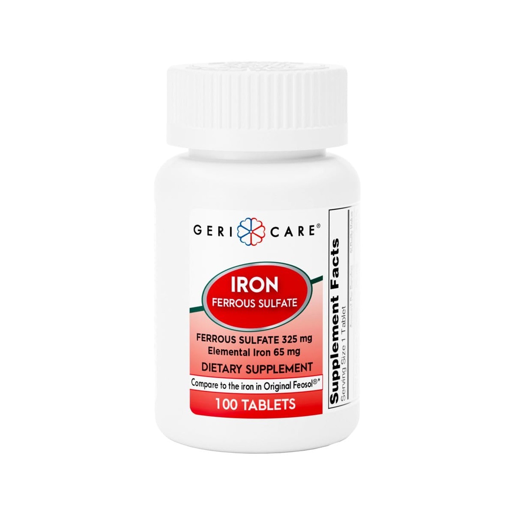 GeriCare Ferrous Sulfate Tabletler 325 mg, Elemental Iron 65 mg Yüksek Potency Iron Supplement | Diyeter Supplement 100 Count. (Pack of 1)