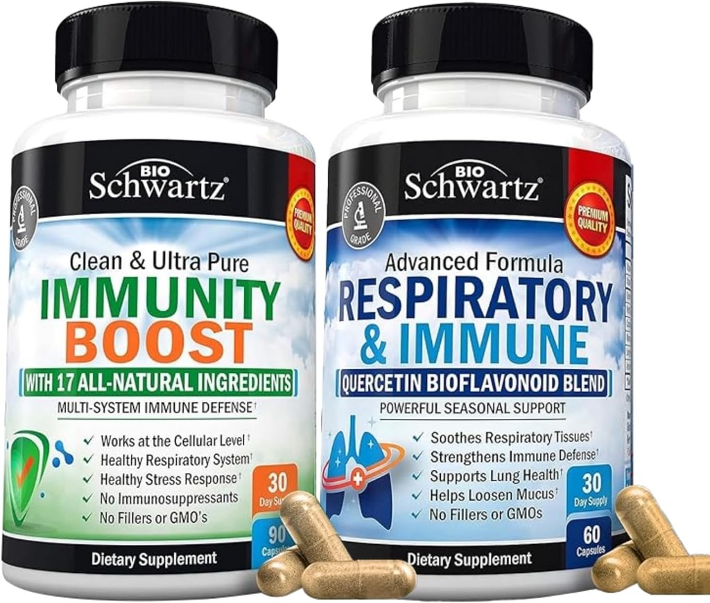 BioSchwartz Respiratory & Immune Lung Support Supplement with Quercetin (1 Ay Supply) Plus 17 in 1 Immune Support Supplement with Antioksis (1 Ay Supply)