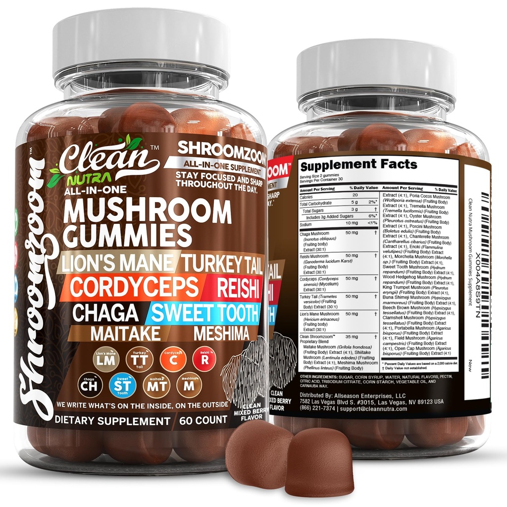 Lion's Mane Turkey Tail Cordyceps Reishi Chaga Sweet Toot Maitake Meshima Poria Cocos Shiitake Tremella, Oyster Agaricus Mushrooms for Men and Women Supplement Clean Nutra