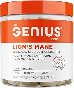 The Genius Brand Genius Lion's Mane - Συμπληρώματα με βάση το φυτό για την υποστήριξη μνήμης, εστίασης και διάθεσης - Organic & Non-GMO - 120 κάψουλες λαχανικών