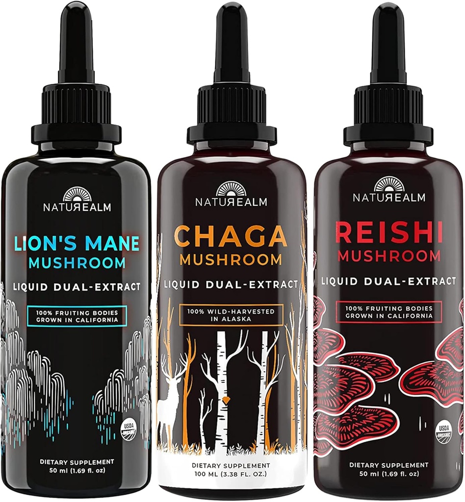 Naturealm Lion’s Mane, Reishi, & Chaga Mushroom Extract - Στοίβα προσαρμογόνου για εστίαση, ανοσία, μακροζωία, υγεία οπών, αντι-γήρανση, ενέργεια, θεραπεία, & More - Βιολογικές σταγόνες υγρού - 50 mL κάθε (3 Pack)