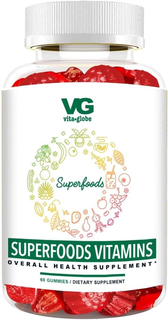 VITA GLOBE Superfood Gummy Vitamins – Immune Health & Antioksi Support – Daily Wellness Gummies for Yetişkinler & Çocuklar – Vegan, Non-GMO, Gluten Freefood Supplement – 60 Count
