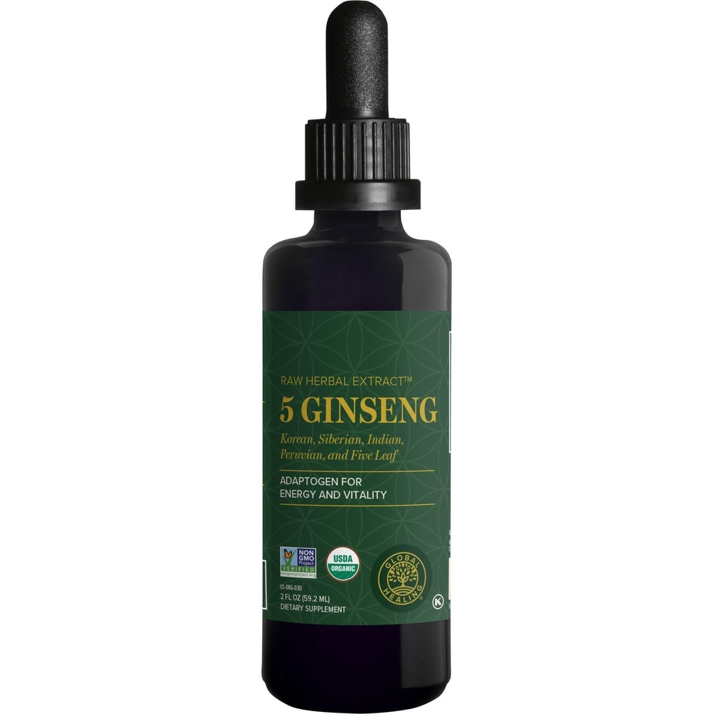 Global Healing Center - Ginseng - Organik Raw Herbal Extract - Sıvı Panax Supplement Drop Energy - Koreli ve Sibirya DJ Supplement, Maca, Ashwagandha - Non-GMO - 2 Fl Oz Oz