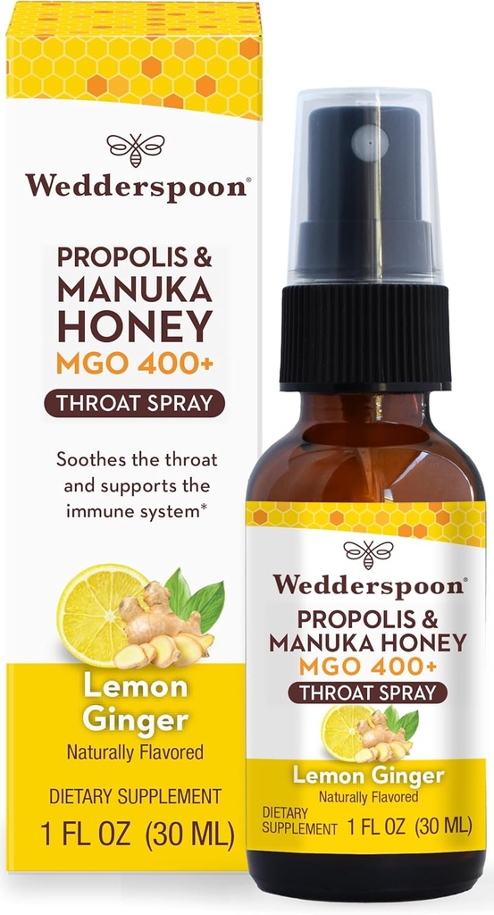 Wedderspoon Propolis και Manuka Σπρέι λαρύγγι, λεμόνι & τζίντζερ, 1 Fl Oz (πακέτο του 1), ανακούφιση του λάρυγγα, φυσική ανοσοποιητική υποστήριξη