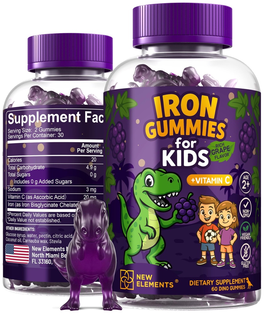 C vitamini ile Çocuklar için Demir Dinozorları | Sugar-Free, Vegan, Gluten-Free & Non-GMO | Anemi Relief, Energy & Blood Health Support | Grape Flavor, Pectin-Based for Optimal Health