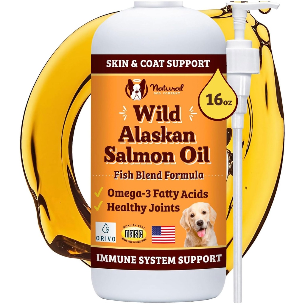 Natural Dog Company Wild Alaskan Salmon Oil Formula with Omega 3, Fish Oil for Dogs Supplement, Skin & Coat Oil, Itchy Relief, Immune Support for Commons & Heart, Food Topper, 16 oz.