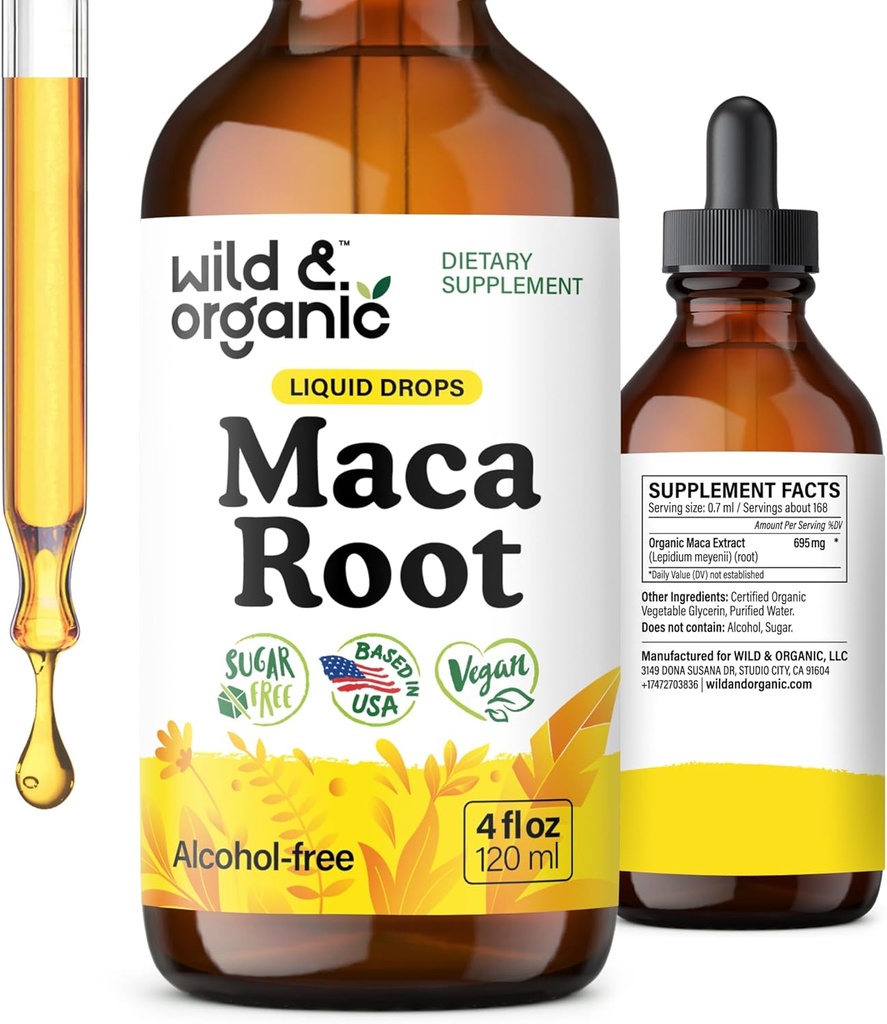 Wild & Organic Maca Root Liquid Drops for Men & Women - Περουβιανή Βάμμα Maca για τη συνολική υποστήριξη - Vegan, Ζάχαρη & Αλκοόλ-ελεύθερο συμπλήρωμα - 4 fl oz