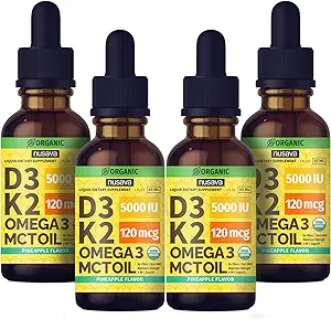 (4 Pack) Organik Vitamin D3 K2 MCT Oil Omega 3, En Güçlü Vitamin D Sıvı 5000 IU, No Fillers, Non-GMO Sıvı D3 Faster Abors ve Immune Support (Pineapple, 4 Fl Oz)