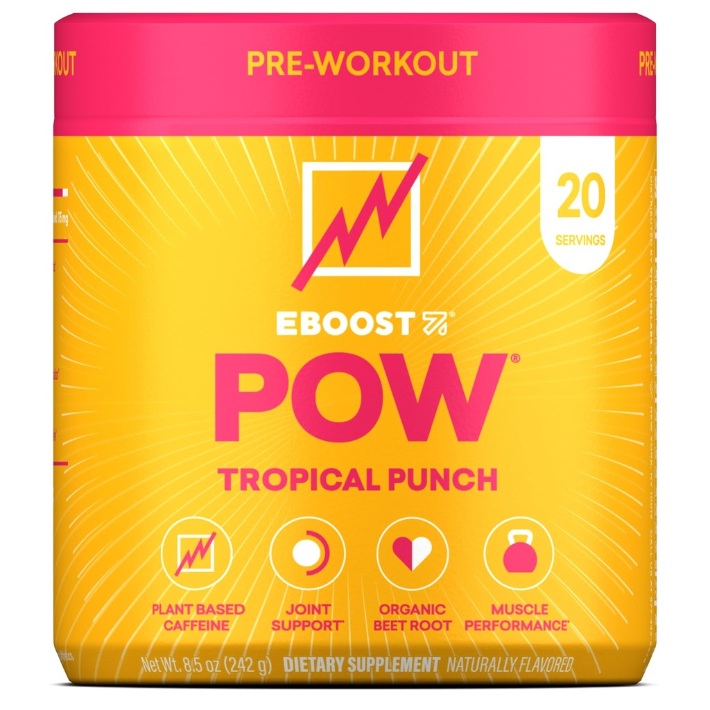 EBOOST POW Natural Pre Workout Toz - 20 Hizmet - Tropikal Zehir - Performans, Ortak Hareketli Destek, Enerji, Odak - Erkekler ve Kadınlar - Gluten-Free, Hiçbir Kretine
