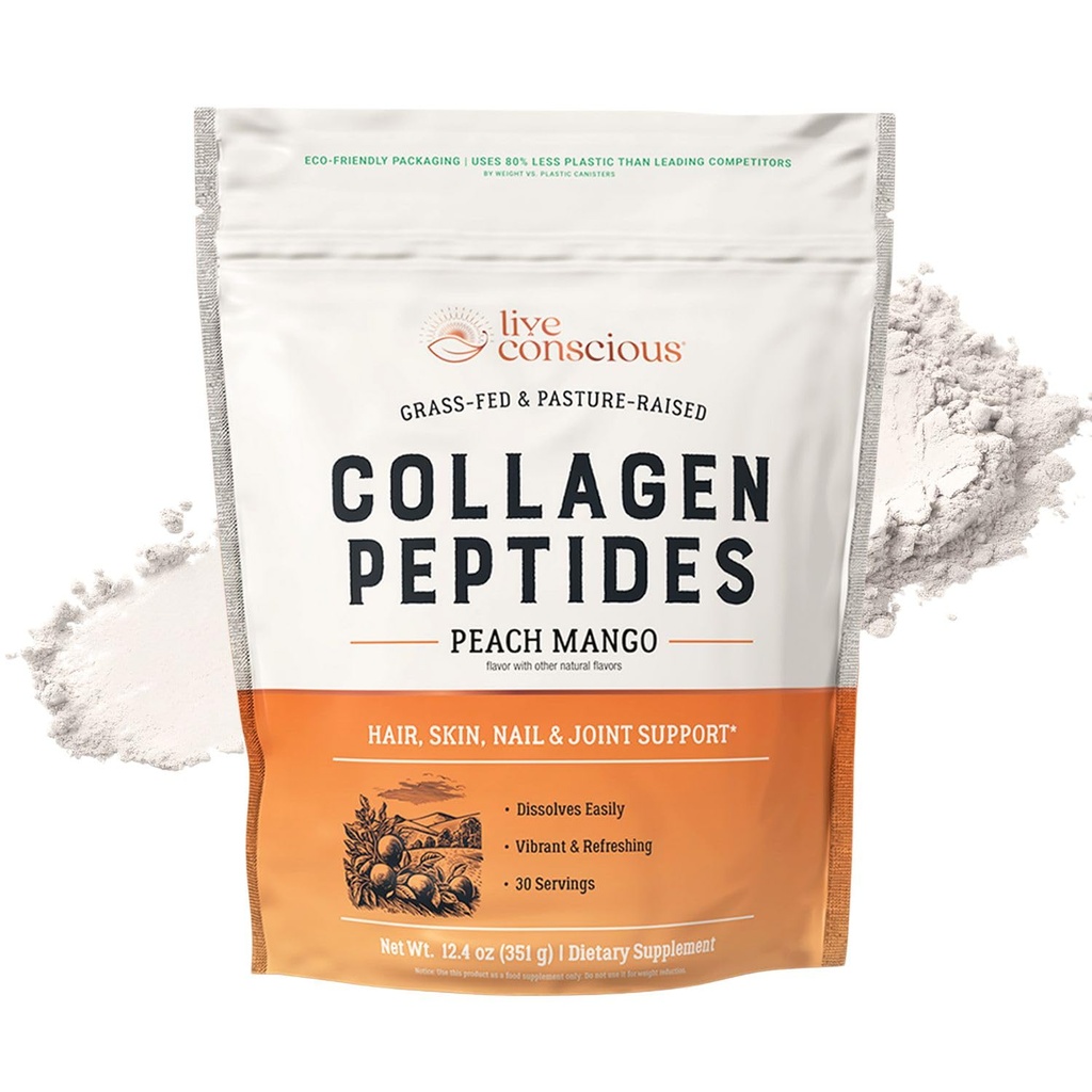Live Conscious Collagen Peptides Toz - Peach Mango Flavored Collagen Toz - Saç, Skin, Nail, & Ortak Destek - Tip I & III Grass-Fed Collagen Supplements for Women and Men - 30 Hizmet - 13oz