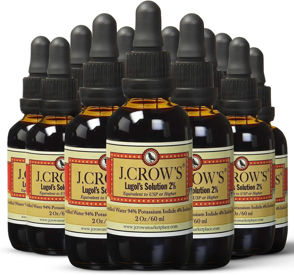 J.CROW'S® Lugol's Solution of Iodine 2% 2 oz (12 Bottles) – Premium Iodine & Potassium Iodide Liquid, Gluten &, Alcohol-Free Natural Brine Extract, No Expiration