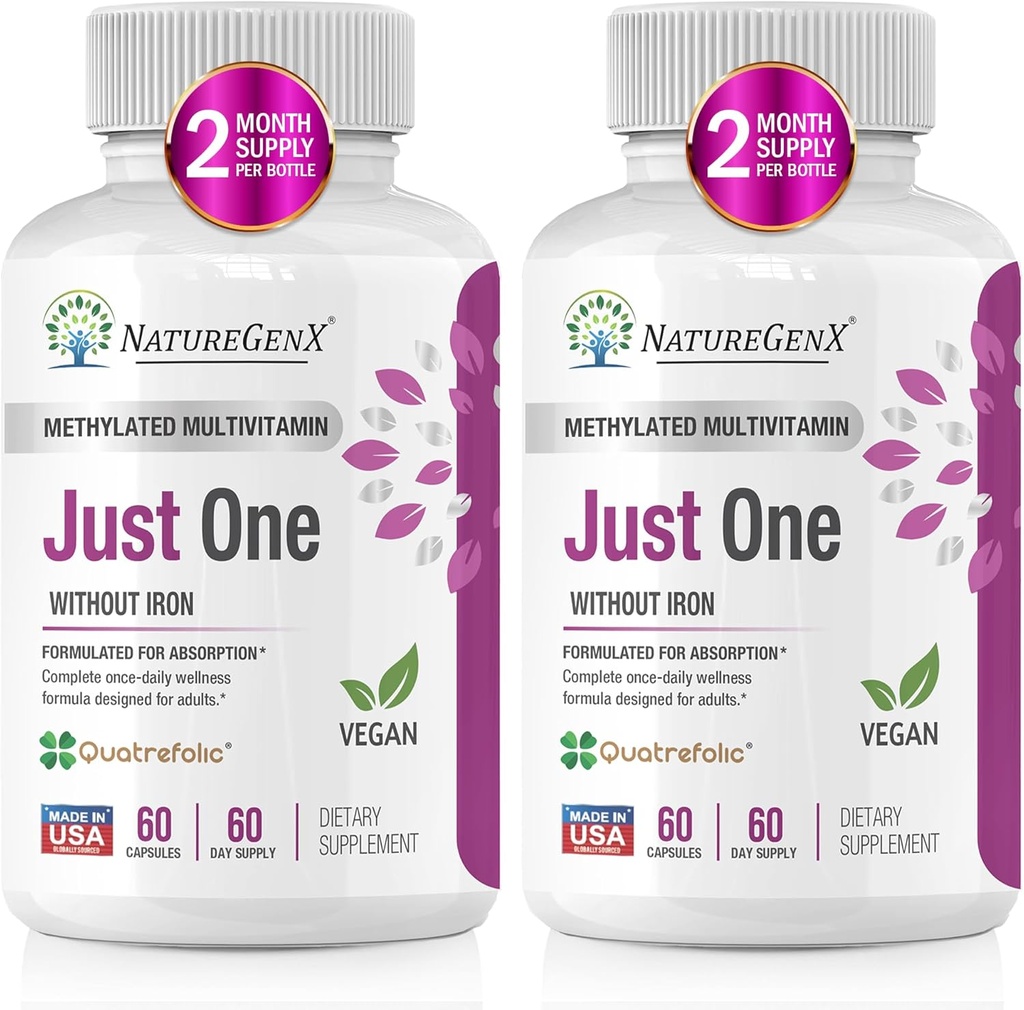 Sadece Bir Günlük Metil B12, Quatrefolic Mefolluğu, Demirsiz Erkekler ve Kadınlar için Saf MTHFR Tamam, 2 Şişe (60 Vegan Capsules)