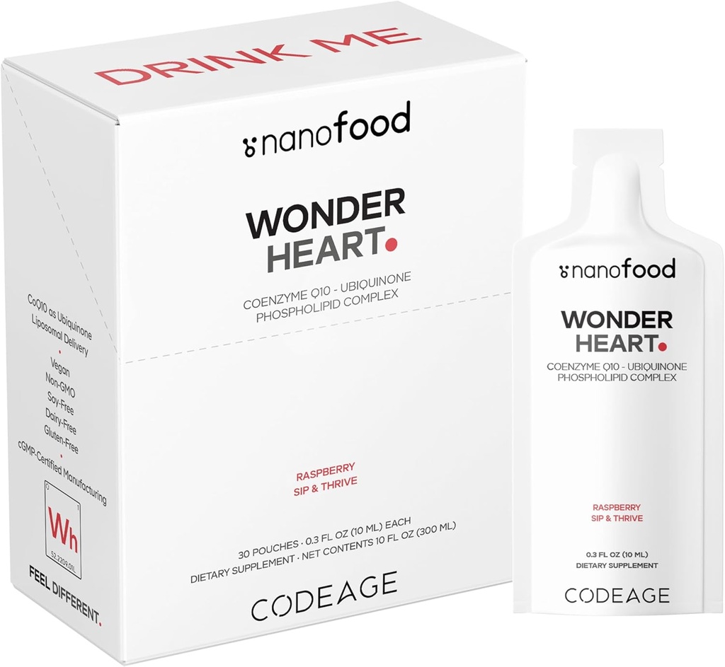 Codeage Wonder Heart Liquid CoQ10 Liposomal Ubiquinone Supplement, Coenzyme Q10 Heart Vitamins, Non-GMO Sunflower Phosphatidylcholine Vegan Blend, Raspberry Flavored Softgel, Pack of 30 Pouches