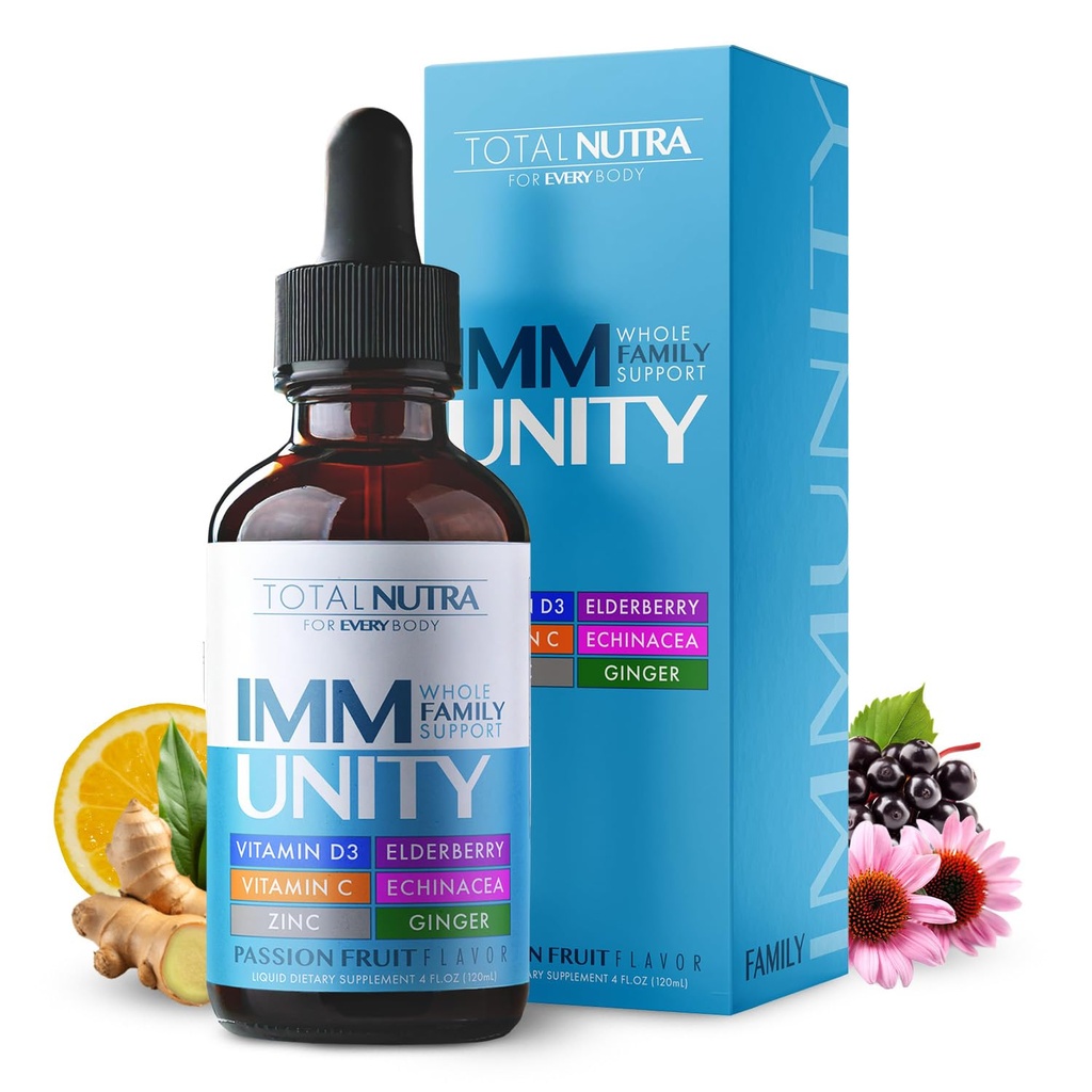 Total Immune 6in-1 Liquid Multivitamin Supplement | 100% Daily çinko, Vitamin D3, C Immunity Drops Vitamin Liquid | Elderberry, Echinacea, Ginger Support for Yetişkinler & Kids | 4 oz Passion Fruit