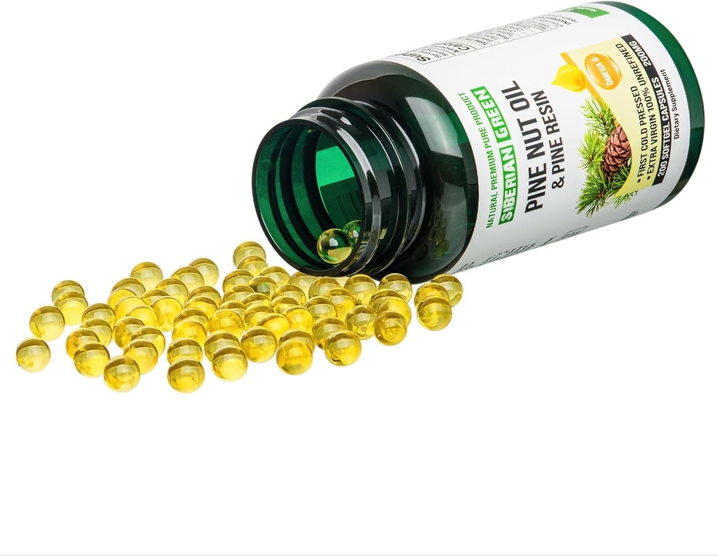 Sibirya Green Pine Nut Oil w/Pinewear Capsules 200 Softgels Wild Harvested Sibirya Altai Cold Pressed Unrefined