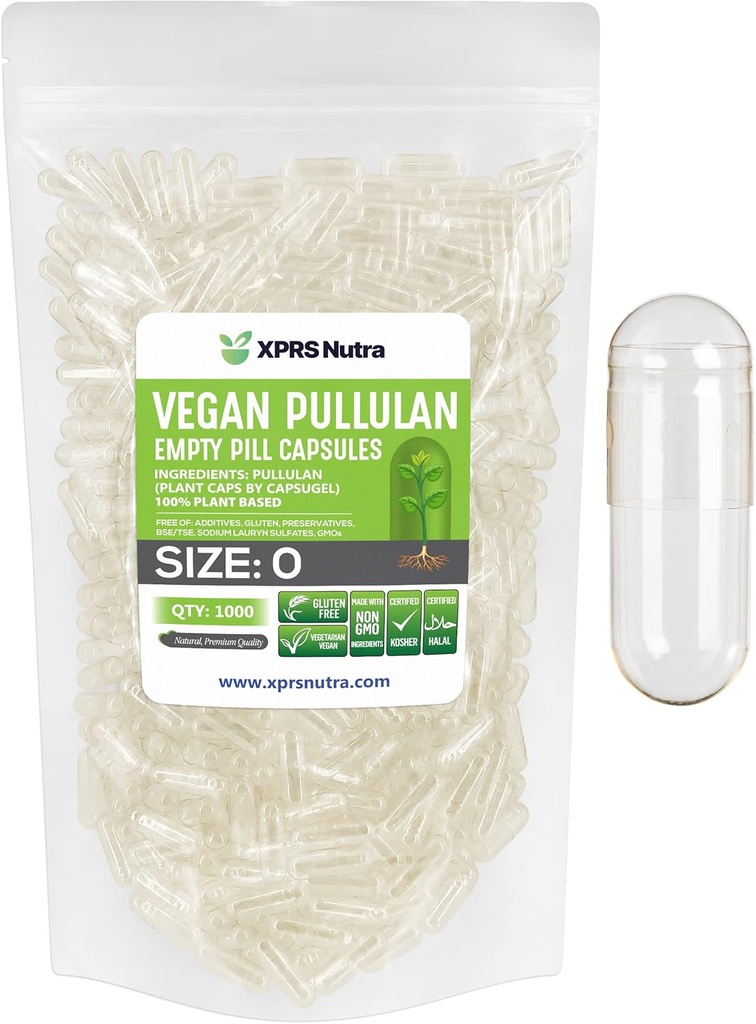 XPRS Nutra Size 0 Pullulan Empty Capses - 1000 Count Clean Label Plants Clear Empty Vegan Caps - Premium Χορτοφαγικά Χάπια - DIY Καψάκιο που γεμίζει για το Do-It-Yourself Συμπληρώματα