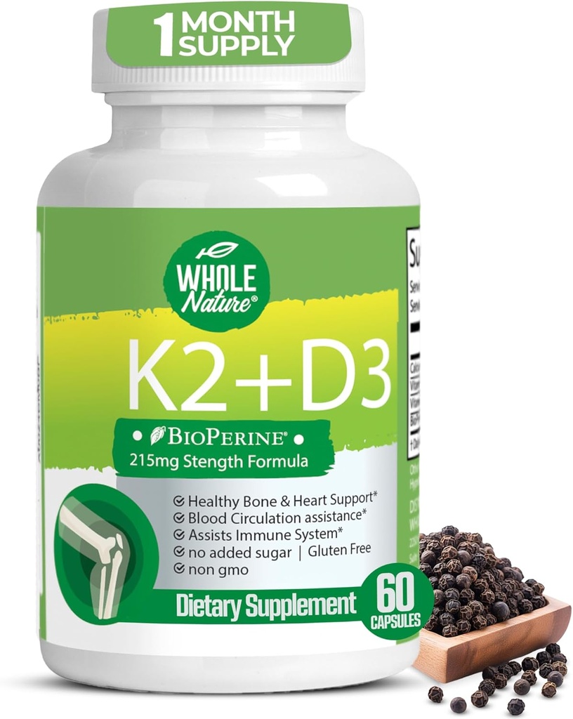 K2 D3 συμπλήρωμα βιταμίνης με BioPerine - Vegan ασβέστιο με βιταμίνες K και D - Advanced D3K2 VIT 5000 IU - 60 Vegan D3 Plus K2 MK-7 Complex Nutritional Capses for Heart & Bone Health (1