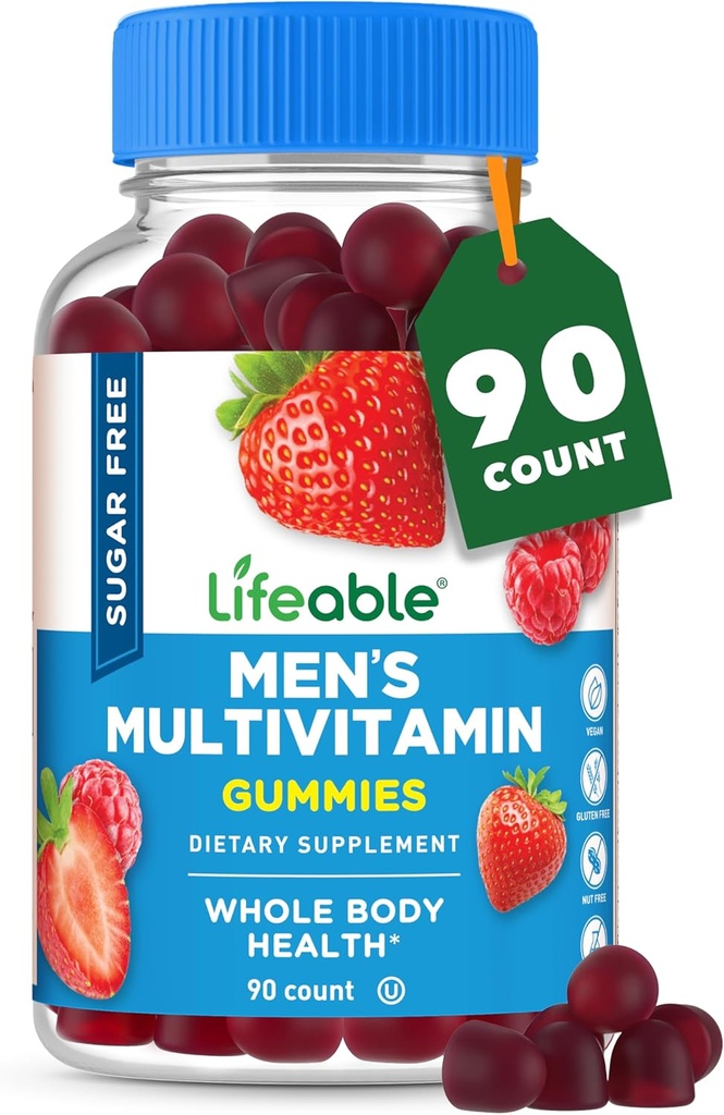 Lifeable Sugar Free Multivitamin for Men Gummies | Iron and 18 Essential Vitamins and Minerals | Sugar Free Vitamins | 90 Gummies