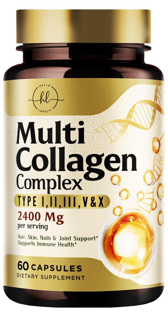 Kadınlar için Multi Collagen, 2400 mg - En İyi Hidrolyzed Collagen Kompleksi 5 Tip (I, II, III, V, X) - Grass Fed - Saç, Skin, Nail, Bone & Ortak Destek - 60 Capsules