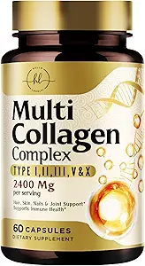 Kadınlar için Multi Collagen, 2400 mg - En İyi Hidrolyzed Collagen Kompleksi 5 Tip (I, II, III, V, X) - Grass Fed - Saç, Skin, Nail, Bone & Ortak Destek - 60 Capsules