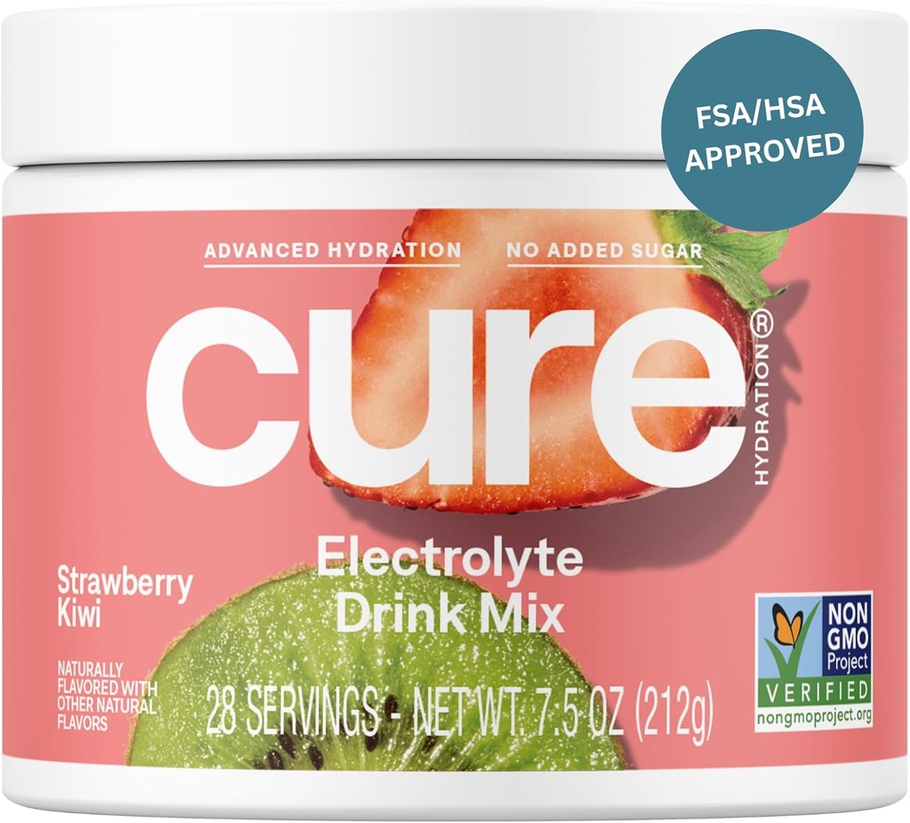 Cure Hydration | Plant-Based Electrolyte Drink Mix | Nodrew Sugar | FSA-HSA | Dehidrasyon Yardımı Tuvalet Su ile Yapıldı | Non-GMO | Vegan | 28 Servisler Jar - Strawberry Kiwi