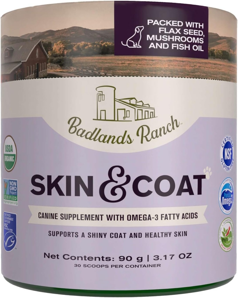 Badlands Ranch - Skin & Coat Canine Supplement w/Omega-3 Fatty Asits, Org. Malzemeler, Antioksi Topper, Nourish Coat &Paws, Ortak, Destek Shiny Coat & Sağlıklı Skin Katherine Heigl (30 Scoops)