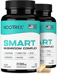 Nootrix Smart Mushrooms Kompleksi | Destekler Memory, mental Focus, Cognitive Health & Energy | 27.000 mg Organik Mushrooms | Lions Mane, Reishi, Cordyceps, Chaga & Türkiye Tail | 240 Capsules
