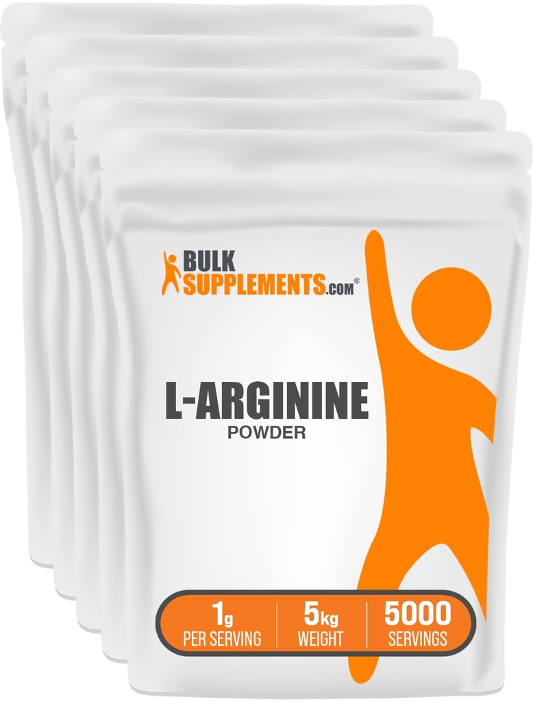 BulkSupplements.com L-Arginine Toz - Arginine Supplement, Nitrik Oksit Supplement, Unflavored & Gluten Free, 1g per Service, 1 kg (Pack of 5) (11 lbs)