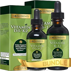 Go Nutrients B12 & Vitamin D3 w/K2 Sıvı Öpücüler Paket | Sıvı Vitamin B12 Drops, 2oz | Sıvı D3 Drops, 1oz | No GMO's, No Preservatives